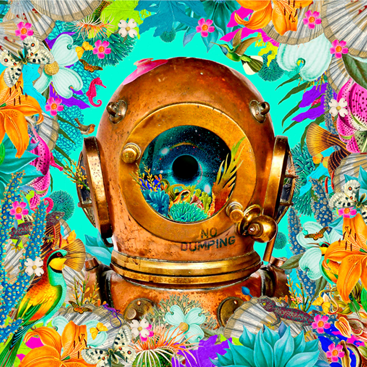 Colorful diver collage artwork by Dave Krovblit