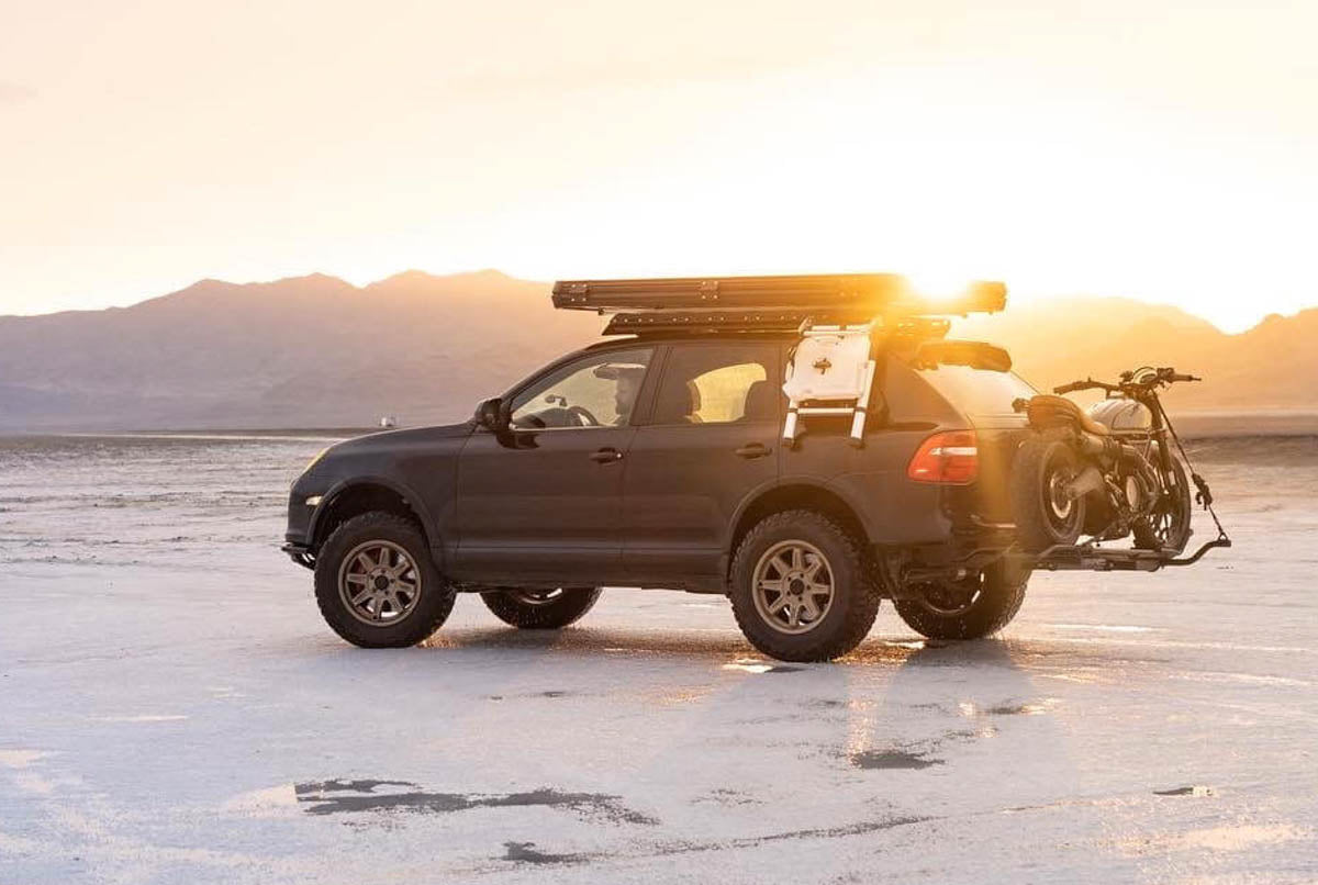 MotoTote carrier on a vehicle crossing a desert landscape