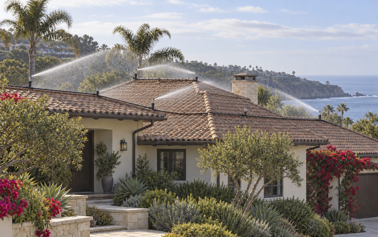 WildFireX concept image of a Southern California home with rooftop sprinklers
